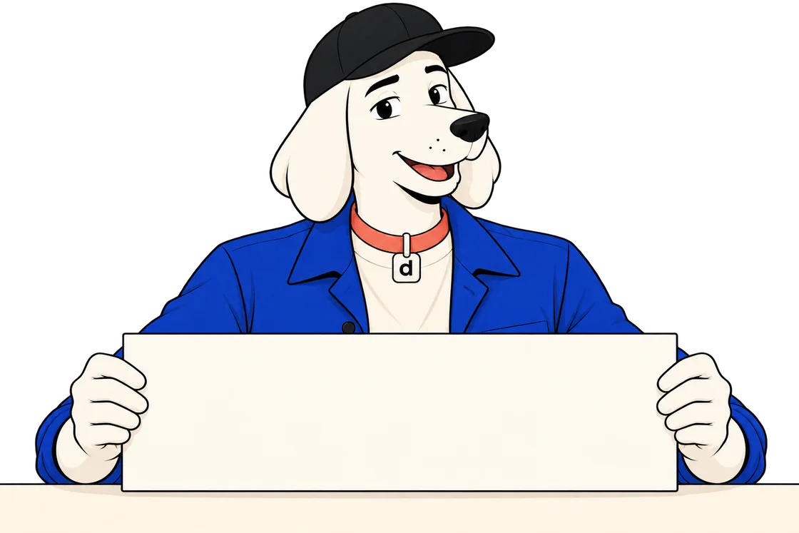 Dugzi holding up a card with the example address you@dugzi.com.