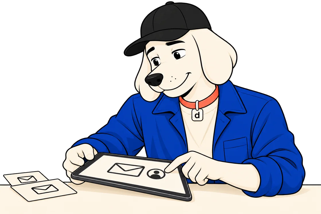 Dugzi looking down and tapping the screen of a tablet he holds face-up.